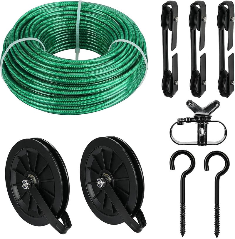 fshihine طقم حبل غسيل خارجي، حبل غسيل مجلفن مطلي بـ PVC بطول 150 قدم مع بكرة حبل غسيل 6.3 بوصة، خطافات معدنية M8، 3 فواصل، حبل غسيل خارجي ثقيل الوزن - Image 1